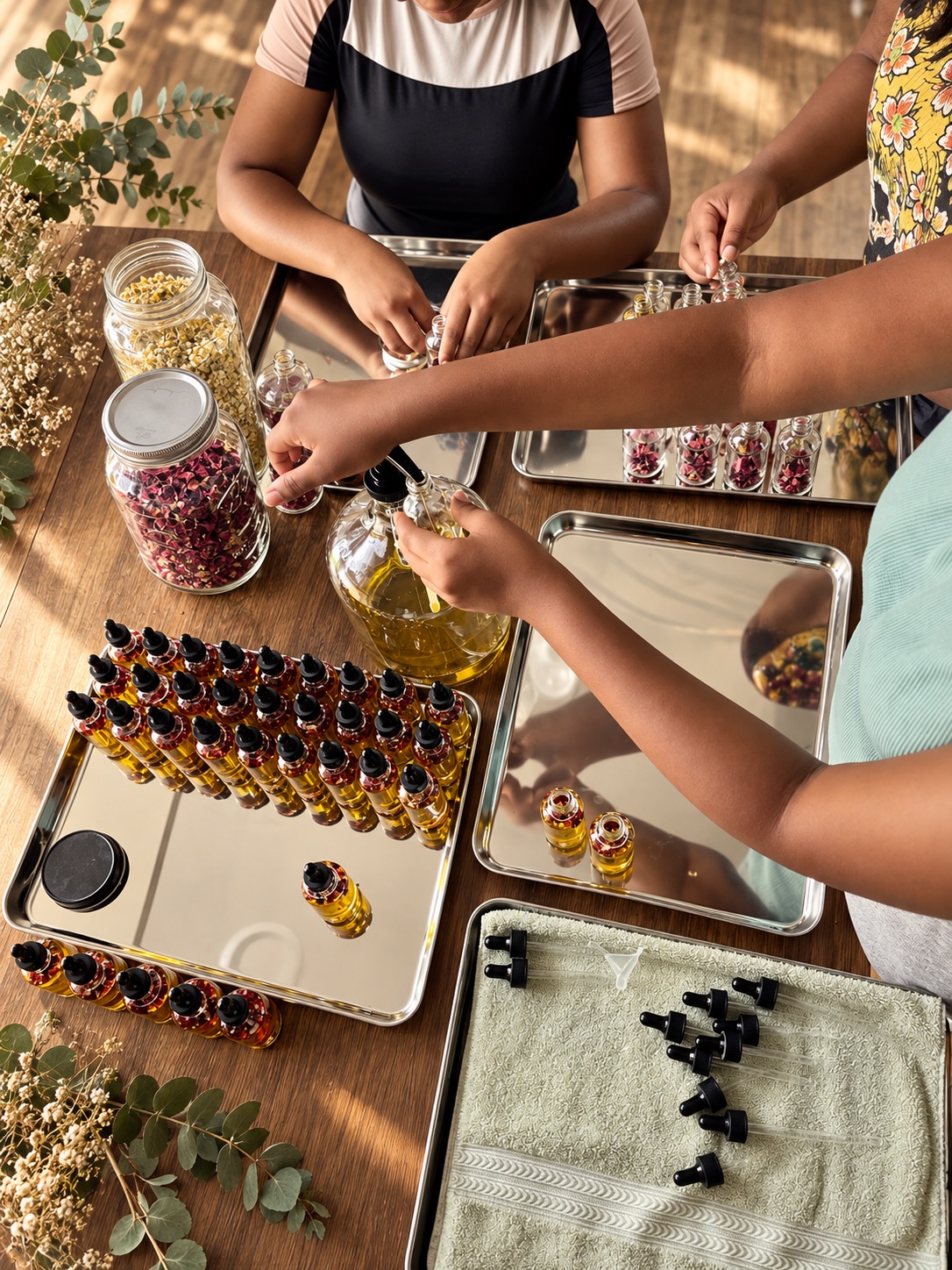Hands pouring oil into small bottles on a tray surrounded by dried botanicals